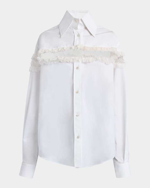 Ruffle-Inset Button-Down Blouse